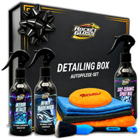 Autopflege Box als Geschenkset mit hochwertigen Reinigungsprodukten in schwarzer Detailing Box