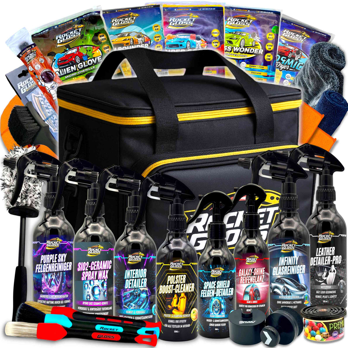 Rocket Gloss Premium Autopflege Bag Geschenkset mit hochwertigen Autopflegeprodukten, Mikrofasertüchern und Zubehör für die professionelle Fahrzeugpflege im praktischen Premium Detailingtasche Set