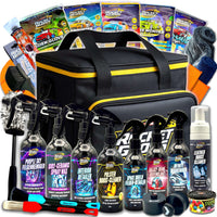 Rocket Gloss Premium Autopflege Bag Geschenkset mit hochwertigen Autopflegeprodukten, Mikrofasertüchern und Zubehör für die professionelle Fahrzeugpflege im praktischen Premium Detailingtasche Set