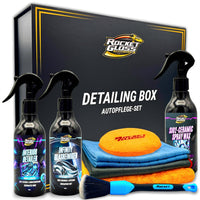 Autopflege Box als Geschenkset mit hochwertigen Reinigungsprodukten in schwarzer Detailing Box
