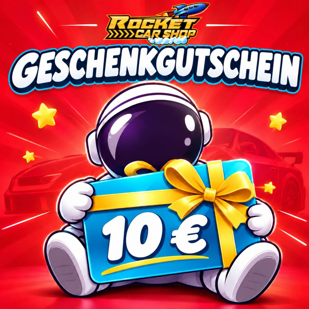 Rocket Car Shop Geschenkgutschein über 10 Euro – Astronaut hält ein blaues Geschenk mit goldener Schleife.