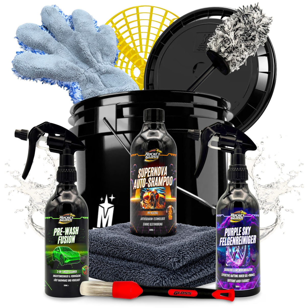 Rocket Gloss Autowaschset mit Wascheimer, Auto Shampoo, Felgenreiniger, Vorreiniger, Mikrofasertuch, Waschhandschuh und Detailing Pinsel für die komplette Fahrzeugwäsche