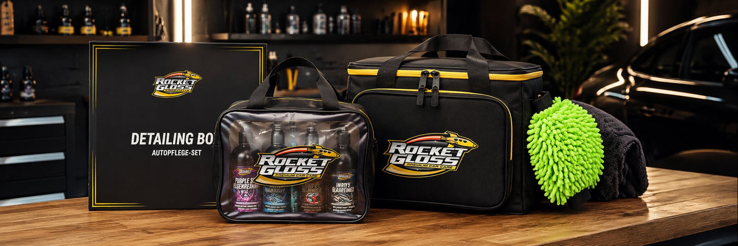 Premium Rocket Gloss Autopflege Taschen und Detailing Box realistisch inszeniert in moderner Garage auf Holztisch, inklusive Mikrofasertuch und Waschhandschuh im hochwertigen Detailing Setup.